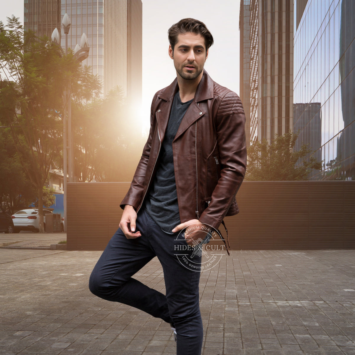 Mens Brown Tailored Motorcycle Biker Genuine Leather Jacket