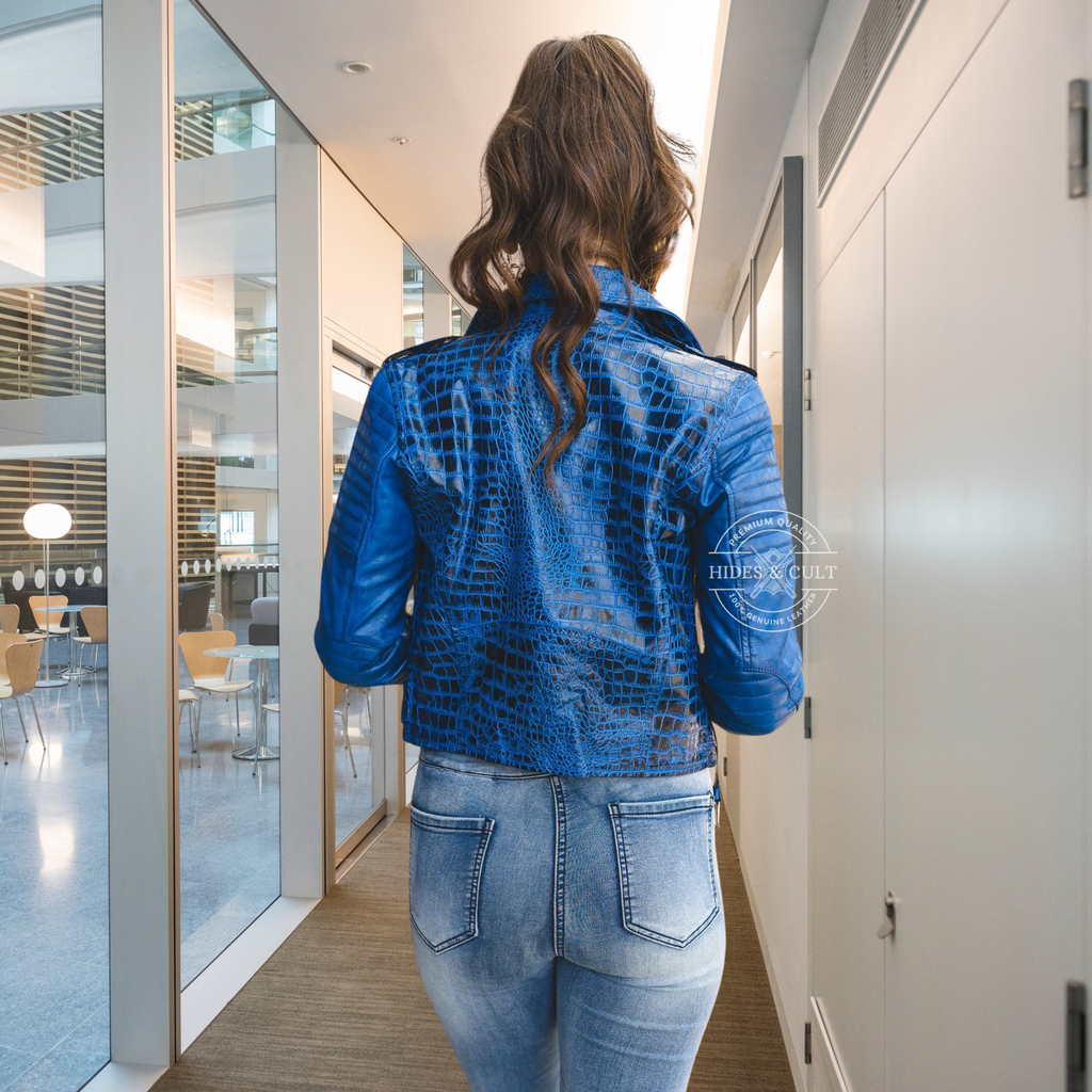 Womens Blue Croc Embossed Effect Motorcycle Biker Genuine Leather Jacket