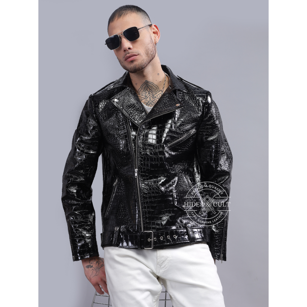 Mens Black Patent Croc Effect Motorcycle Biker Genuine Leather Jacket
