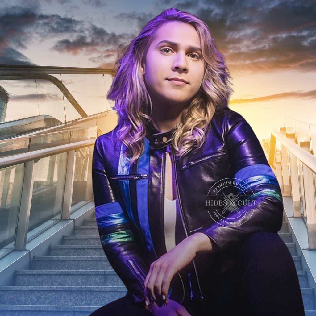 Womens Black - Metallic Stripes Motorcycle Racer Genuine Leather Jacket