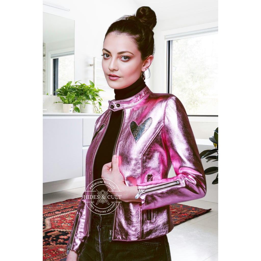 Womens Pink Metallic Foil Crystal Heart Effect Genuine Leather Jacket