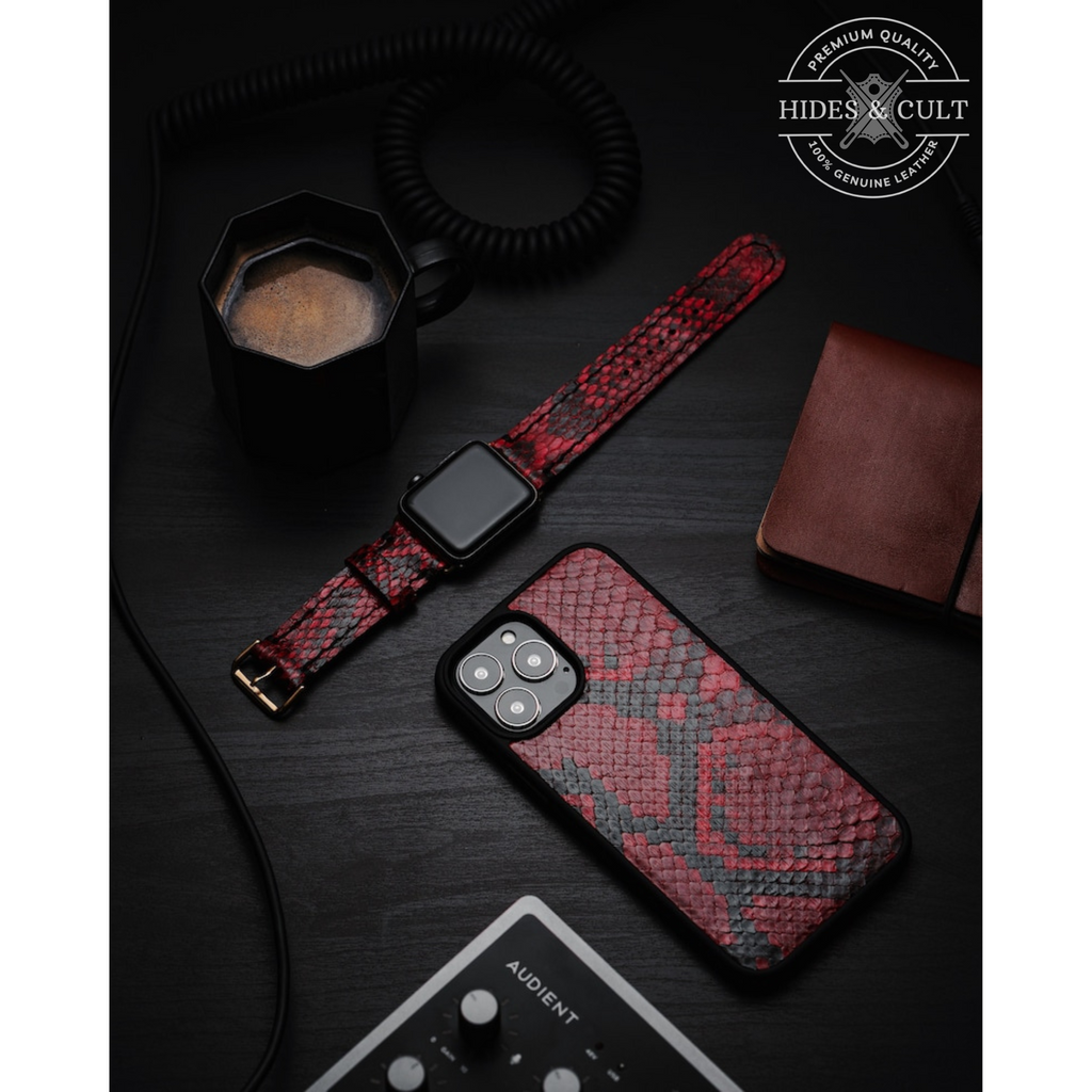 Luxury Red Exotic Python Print Shockproof Genuine Leather Iphone Case