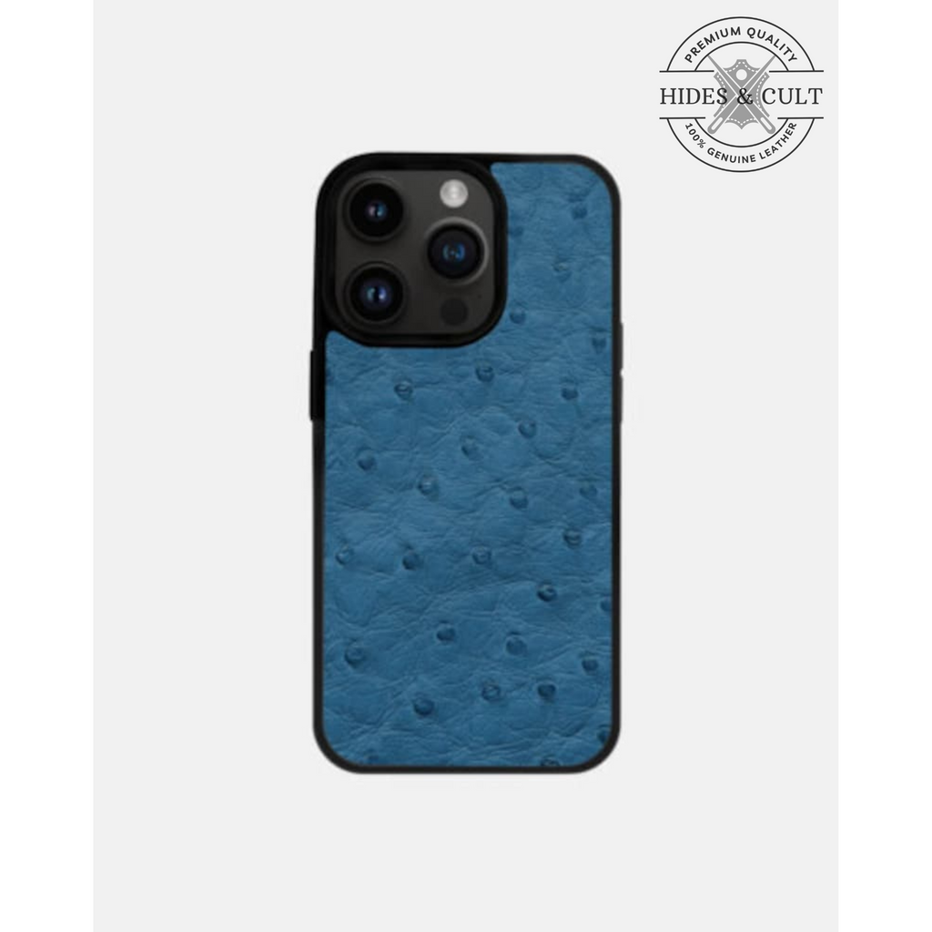 Luxury Blue Ostrich Print Shockproof Genuine Leather Iphone Case
