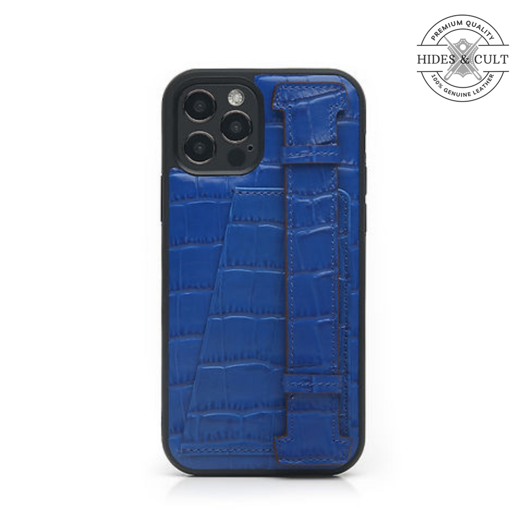 Luxury Brown - Blue Croc Embossed Shockproof Genuine Leather Iphone Case with Handle