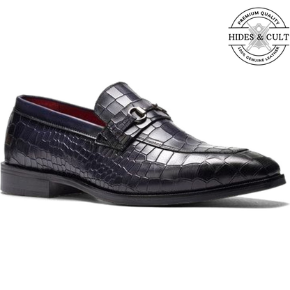 Black Croc Buckled Leather Moccasin Loafers | Hides&Cult