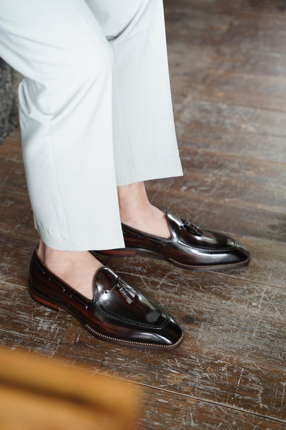 Dark Brown Hand Painted Patina Tassel Loafers | Hides&Cult