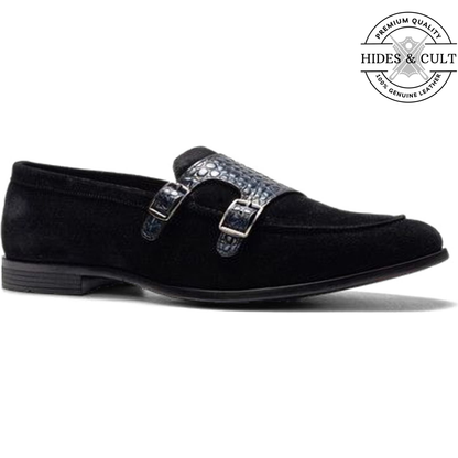 Black Suede - Blue Croc Double Monk Strap SlipOn Loafers | Hides&Cult