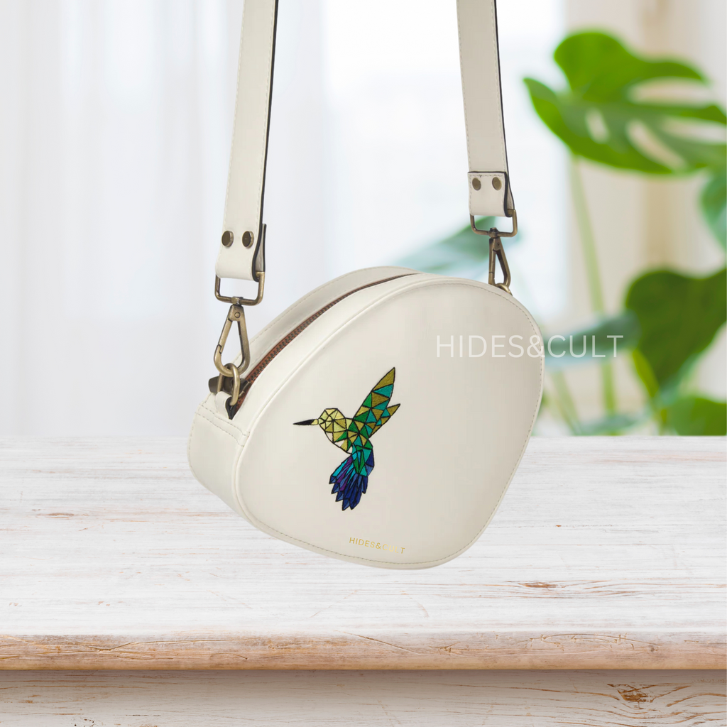 Handcrafted White - Kingfisher Origami Art Embroidered Genuine Leather Sling Bag
