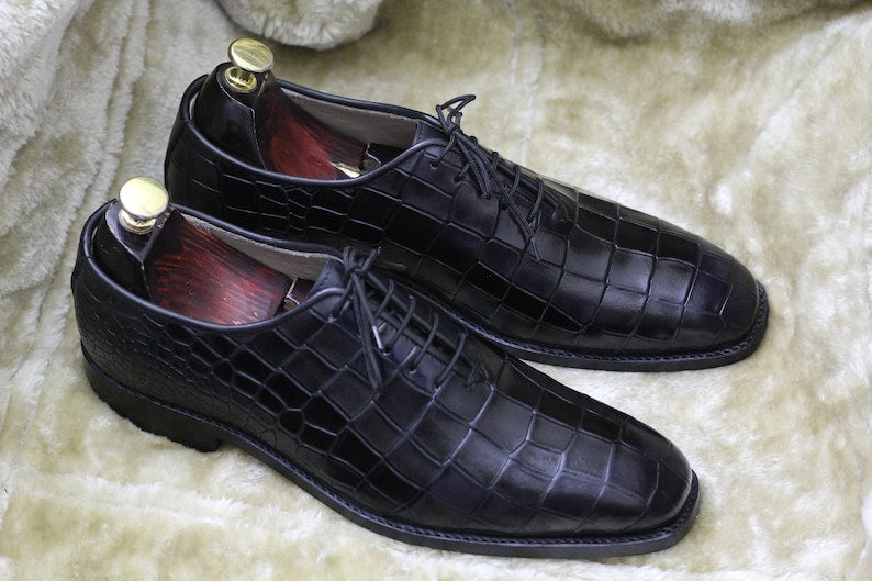 Croco Textured Lace Up Shoes - Black | Hides&Cult