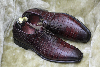 Croco Textured Lace Up Shoes - Burgundy | Hides&Cult