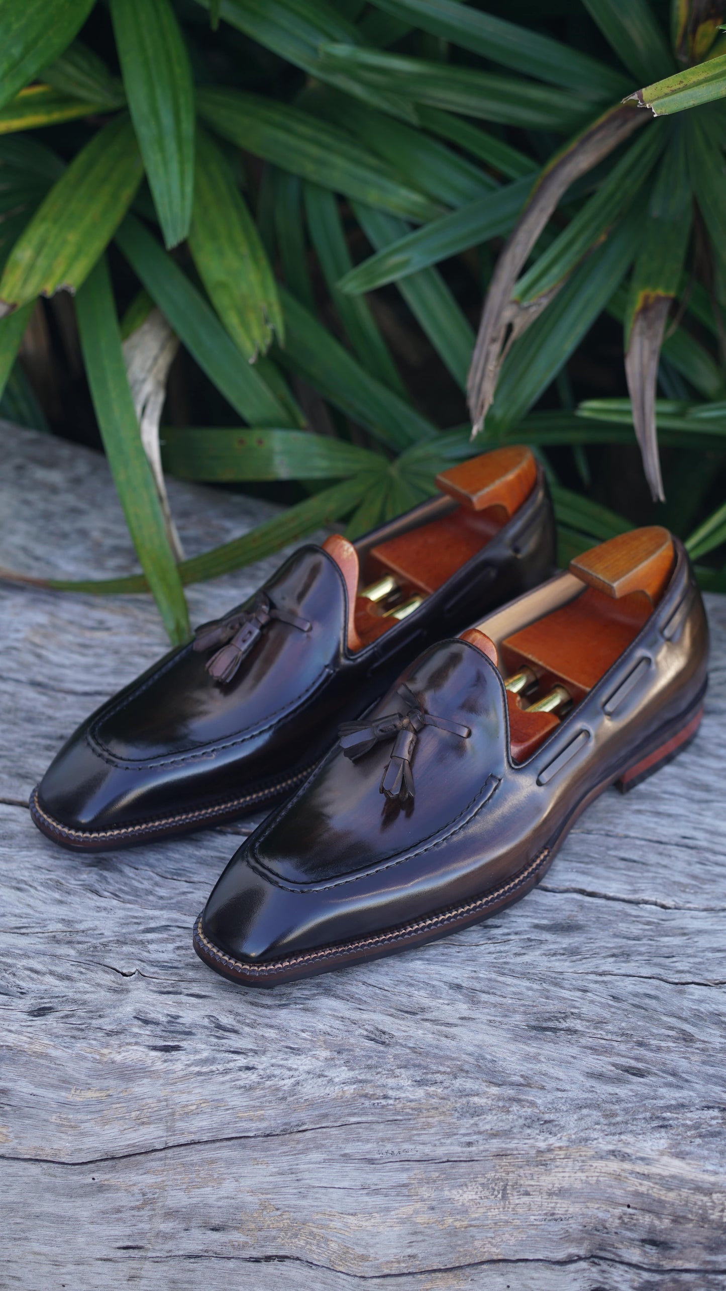 Dark Brown Hand Painted Patina Tassel Loafers | Hides&Cult