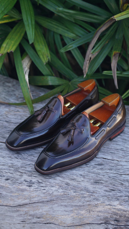 Dark Brown Hand Painted Patina Tassel Loafers | Hides&Cult