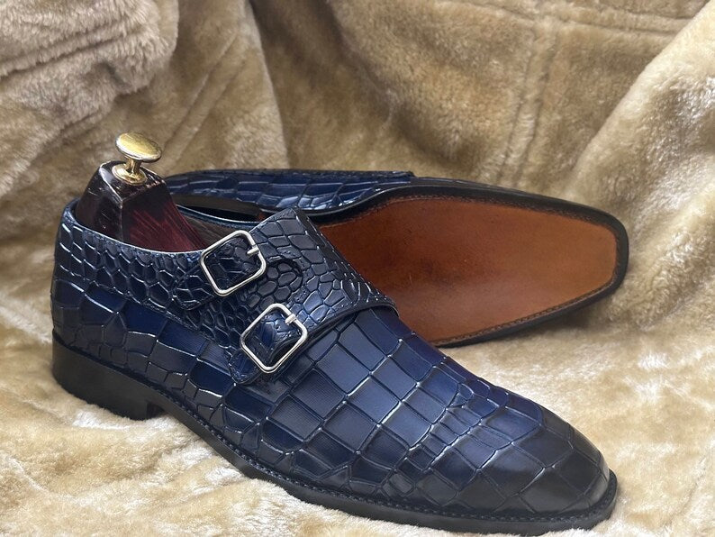 Croco Double Monk Strap Shoes - Deep Blue | Hides&Cult