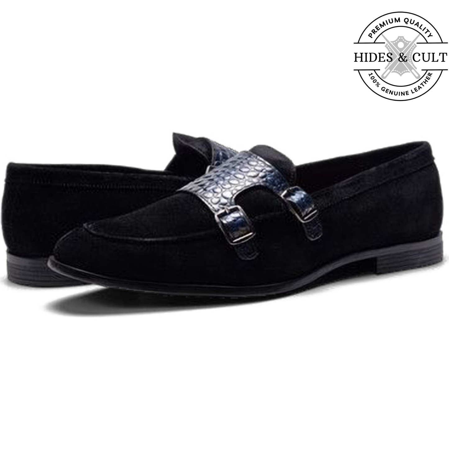 Black Suede - Blue Croc Double Monk Strap SlipOn Loafers | Hides&Cult