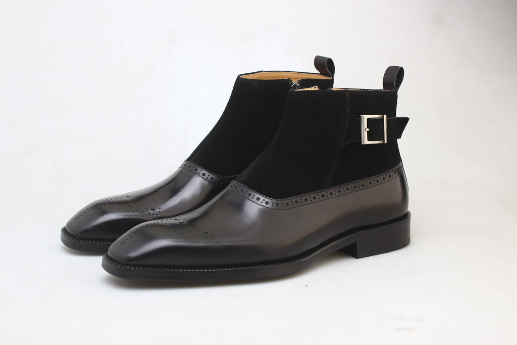 Black Leather - Suede Monk Strap Ankle Leather Boots