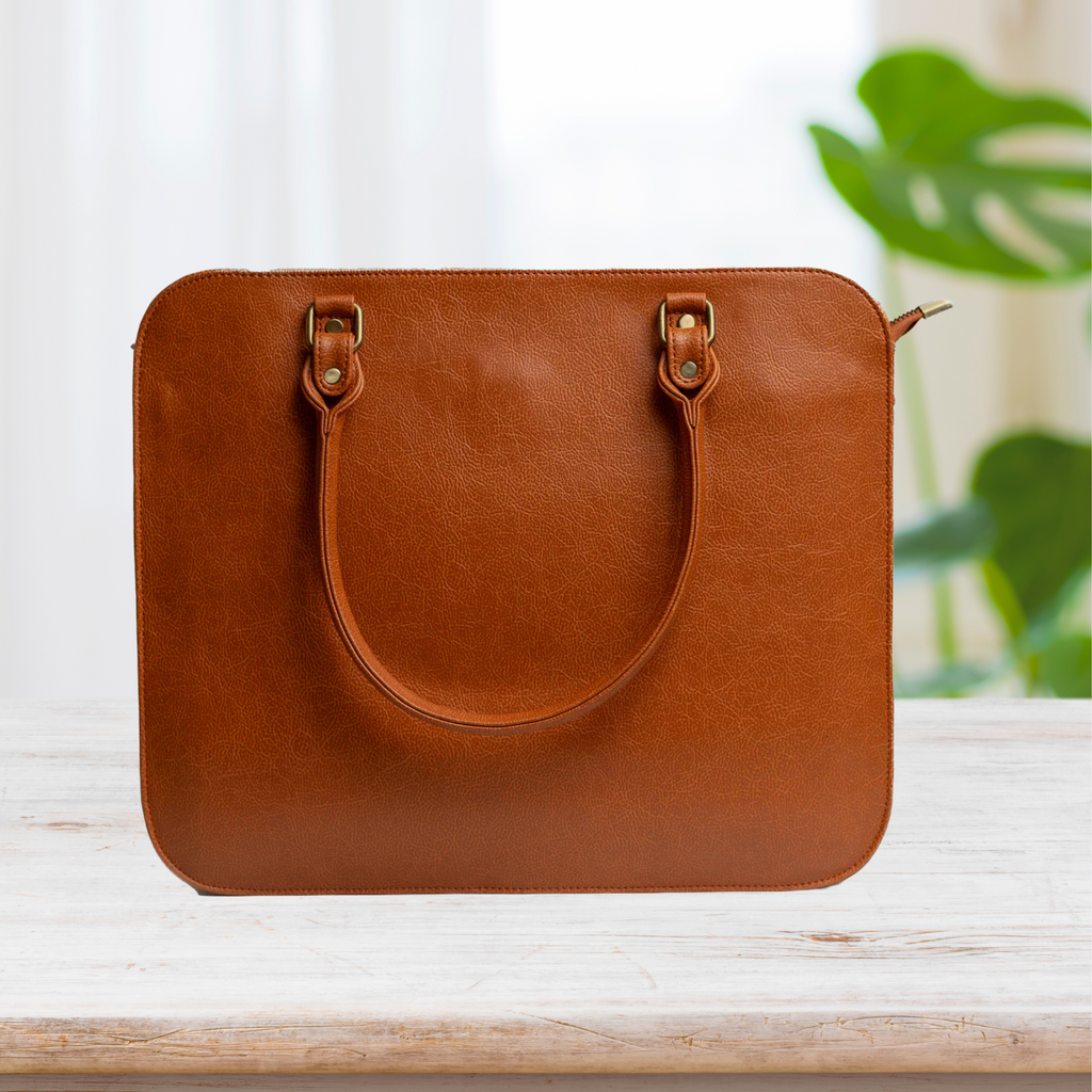 Handcrafted Tan - White Daisy Garden Embroidered Genuine Leather Laptop Bag