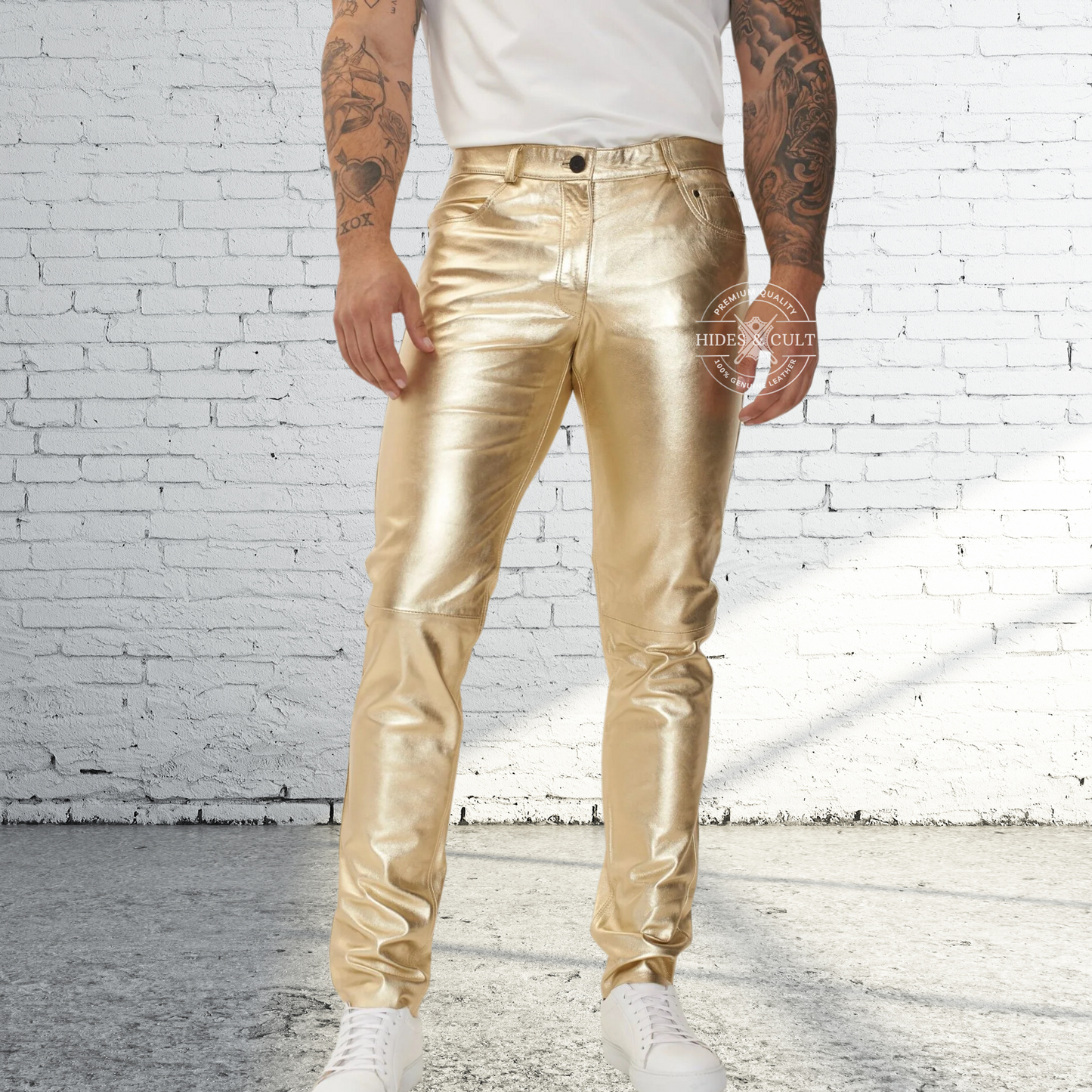 Mens Gold Metallic Foil Effect Genuine Soft Lamb Leather Pants