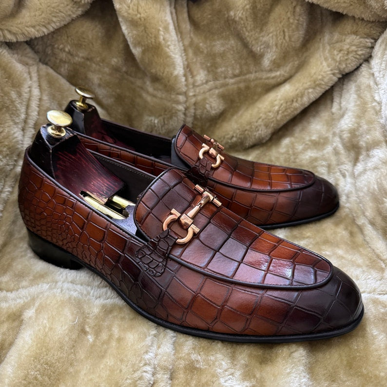 Croco Slip On Horse-bit Loafers - Brown | Hides&Cult