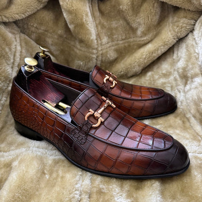 Croco Slip On Horse-bit Loafers - Brown | Hides&Cult