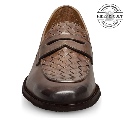 Brown Hand Woven Vamp Party-wear Leather SlipOn Loafers | Hides&Cult