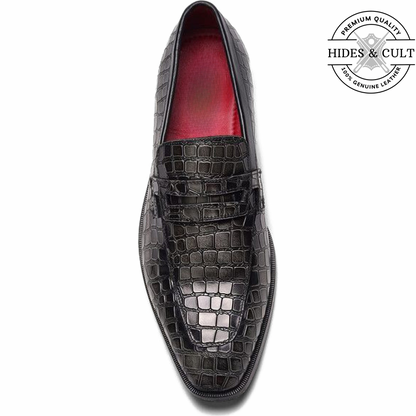 Grey Tone Croc Leather Moccasin Loafers | Hides&Cult