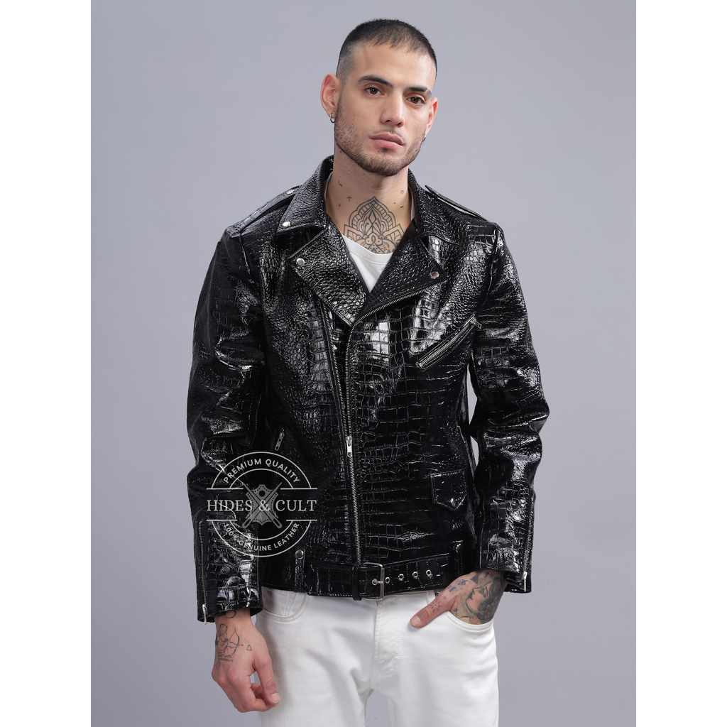 Mens Black Patent Croc Effect Motorcycle Biker Genuine Leather Jacket