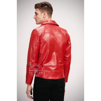 Mens Blood Red Slim Fit Motorcycle Biker Leather Jacket