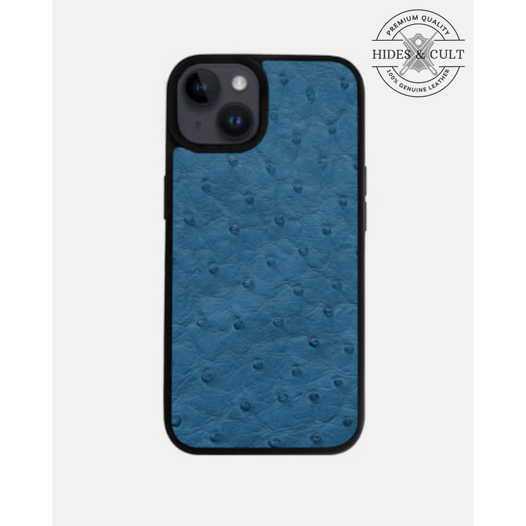 Luxury Blue Ostrich Print Shockproof Genuine Leather Iphone Case