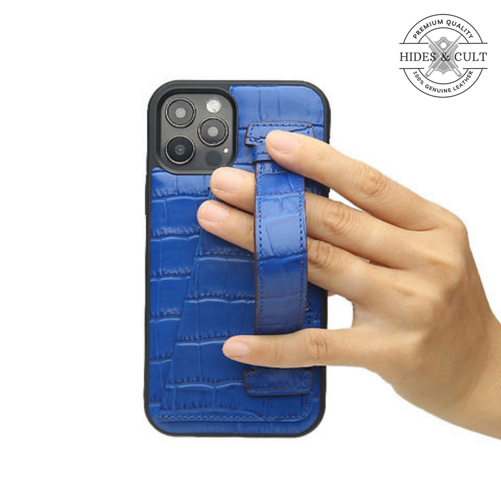 Luxury Brown - Blue Croc Embossed Shockproof Genuine Leather Iphone Case with Handle