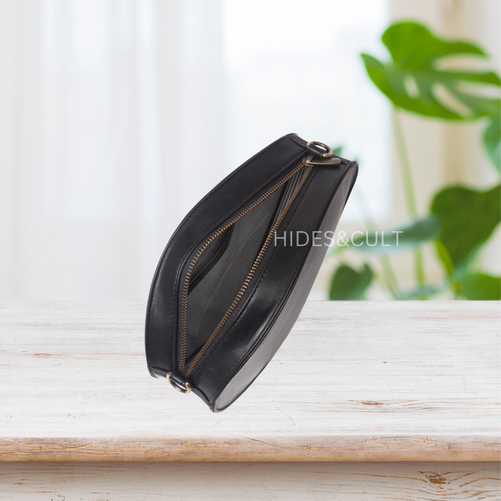 Handcrafted Black - Kingfisher Origami Art Embroidered Genuine Leather Sling Bag