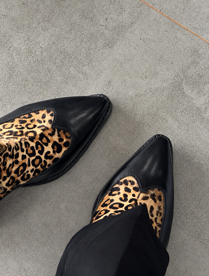 Handmade Black with Leopard Hair On Pointed Toe Cuban Heel Genuine Leather Boots Men | Hides&Cult