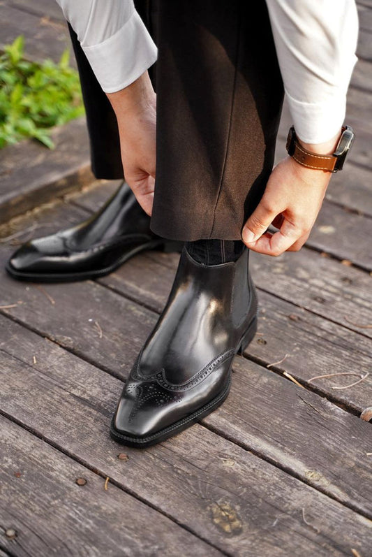 Black Classic Italian Brogue Chelsea Boots | Hides&Cult