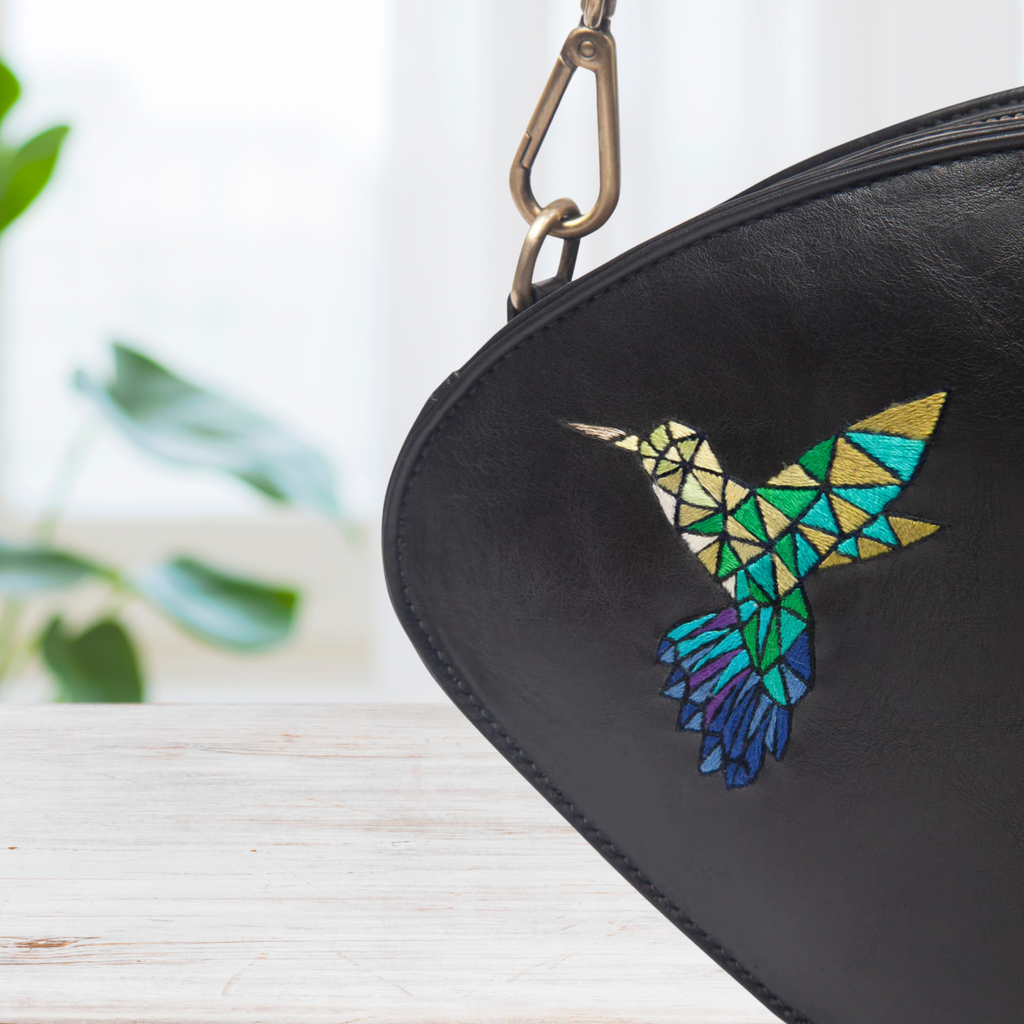 Handcrafted Black - Kingfisher Origami Art Embroidered Genuine Leather Sling Bag