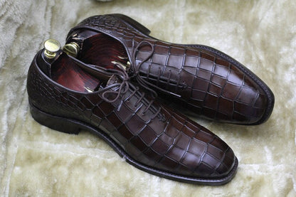 Croco Textured Lace Up Shoes - Dark Brown | Hides&Cult