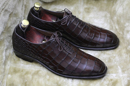 Croco Textured Lace Up Shoes - Dark Brown | Hides&Cult