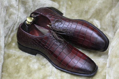 Croco Textured Lace Up Shoes - Burgundy | Hides&Cult