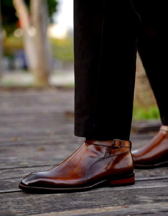 Patina Brown Classic Italian Single Strap Chelsea Boots | Hides&Cult