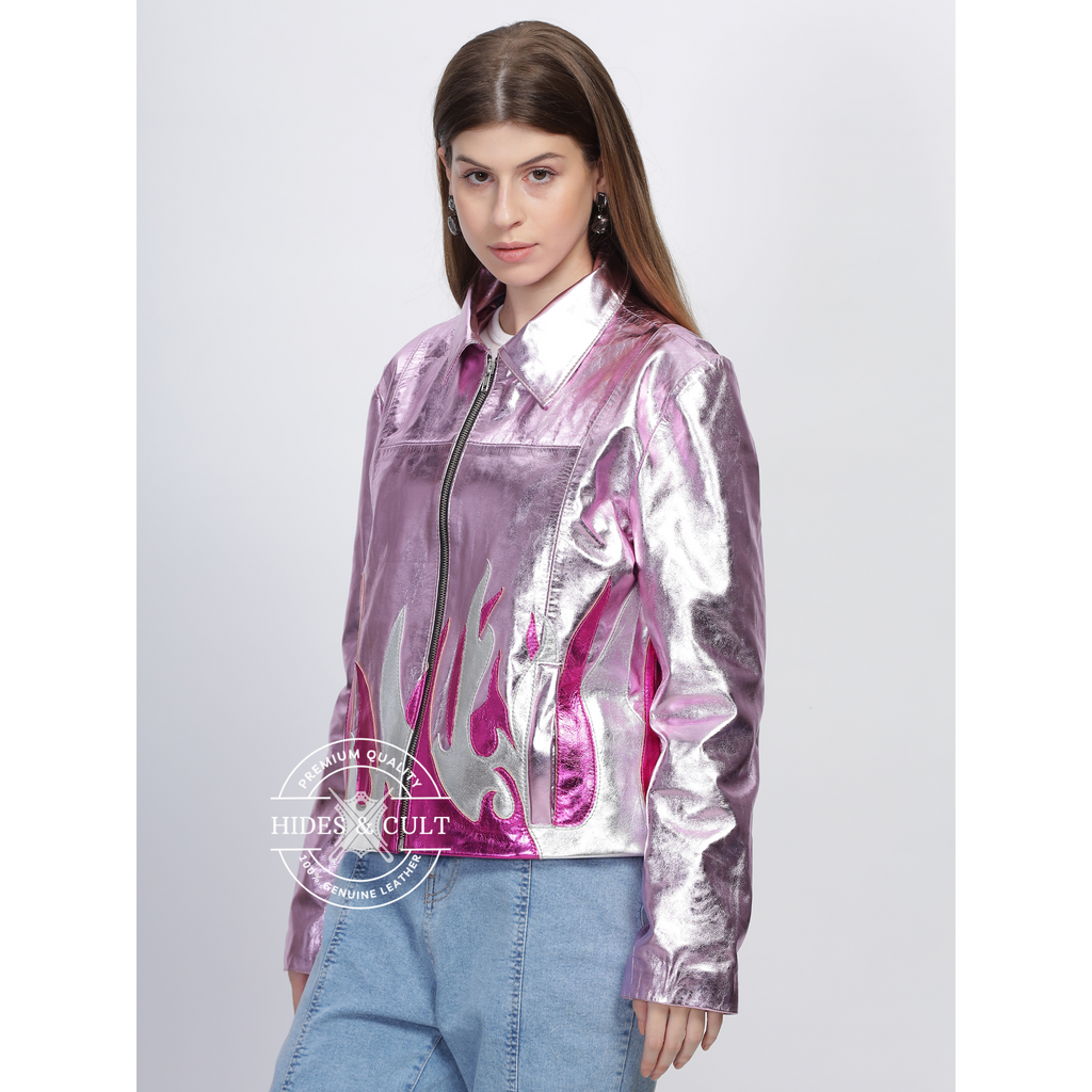 Womens Pink Metallic Foil Fire Effect Genuine Leather Jacket