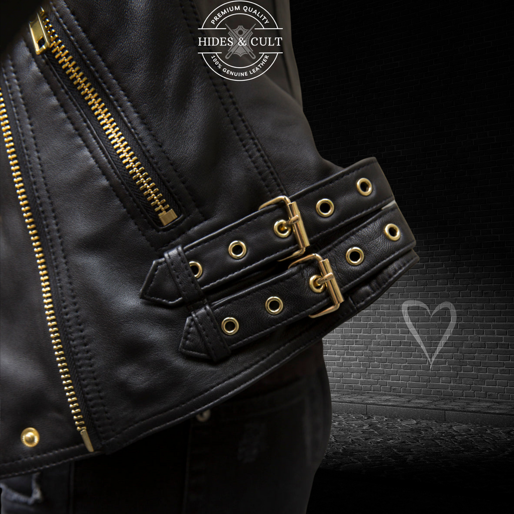 Womens Black Gold Plated Hardware Quilted Effect Genuine Leather Jacket