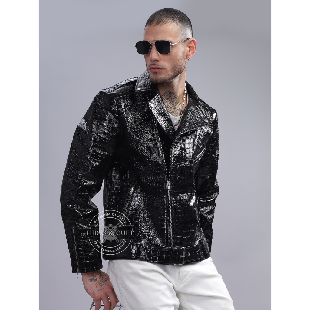 Mens Black Patent Croc Effect Motorcycle Biker Genuine Leather Jacket