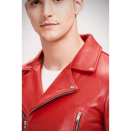 Mens Blood Red Slim Fit Motorcycle Biker Leather Jacket