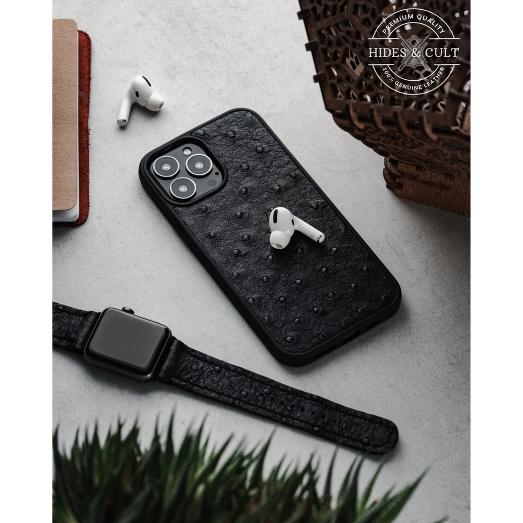 Luxury Black Ostrich Print Shockproof Genuine Leather Iphone Case