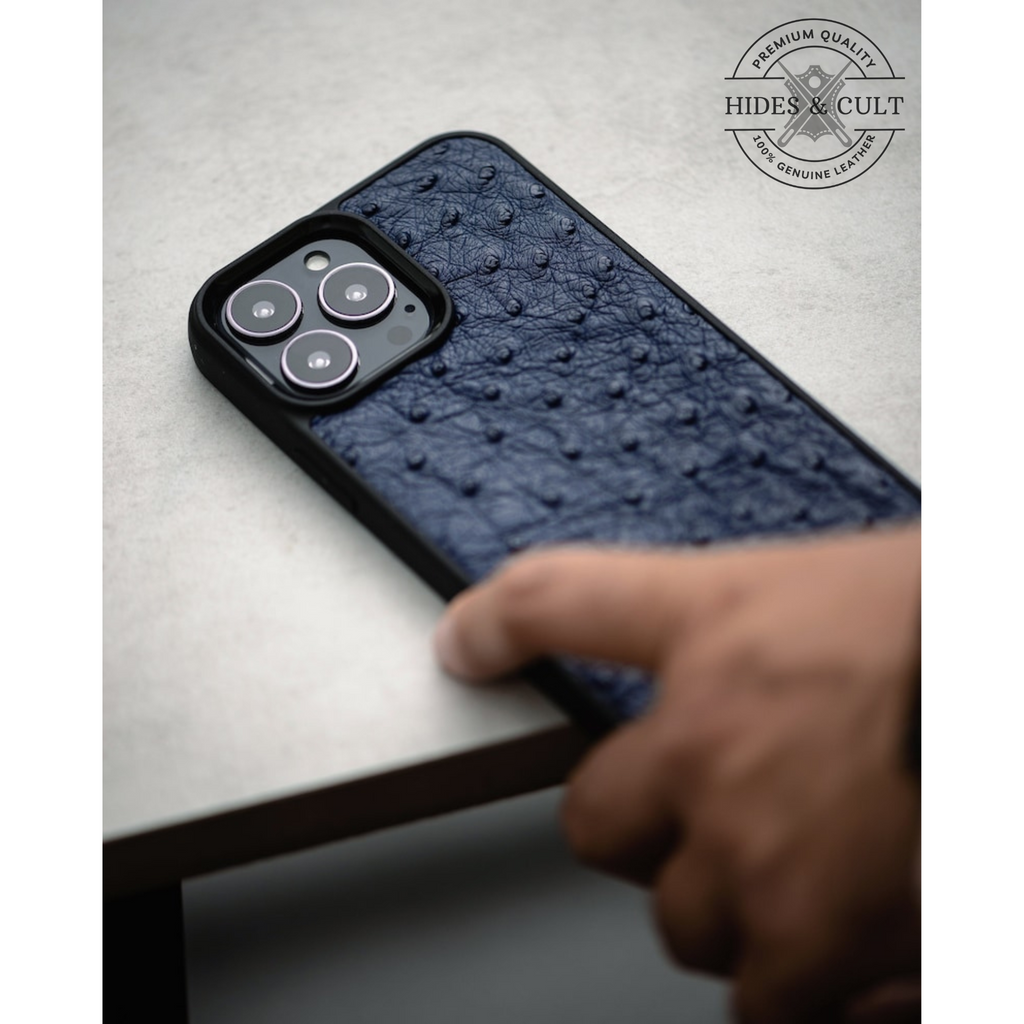 Luxury Blue Ostrich Print Shockproof Genuine Leather Iphone Case