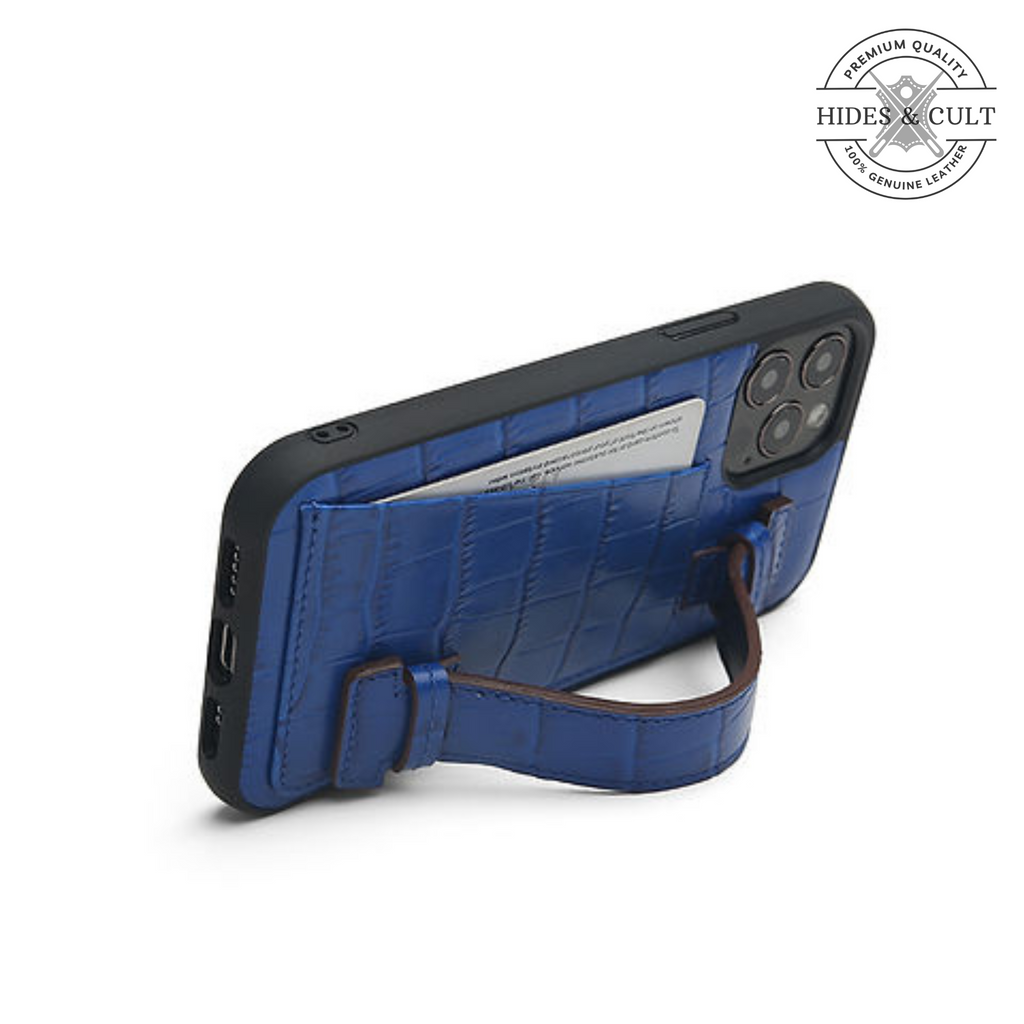 Luxury Brown - Blue Croc Embossed Shockproof Genuine Leather Iphone Case with Handle