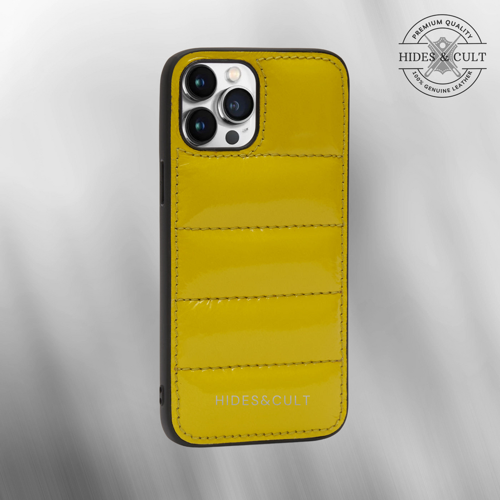 Luxury iPhone Puffer Case - Yellow Patent Quilted Genuine Leather Iphone Case