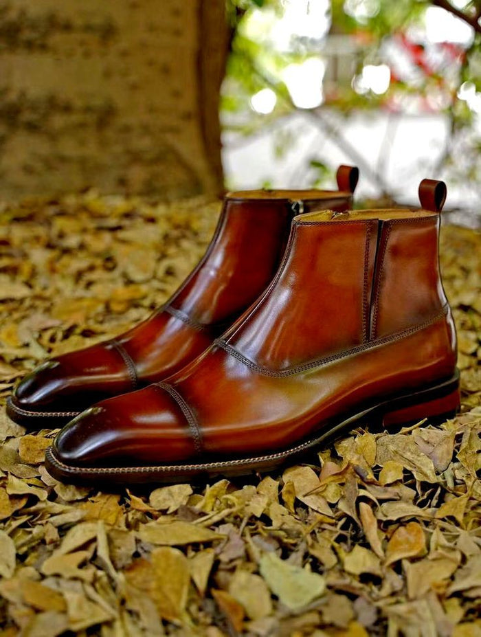 Black Toe Cut Side Zip Ankle Leather Boots | Hides&Cult