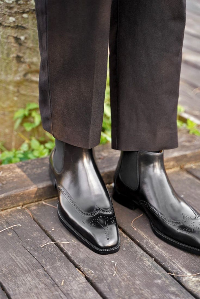 Black Classic Italian Brogue Chelsea Boots | Hides&Cult