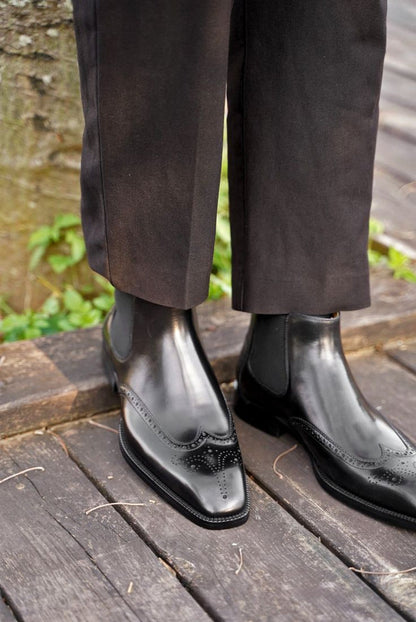 Black Classic Italian Brogue Chelsea Boots | Hides&Cult