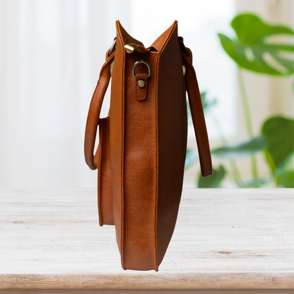 Handcrafted Tan - White Daisy Garden Embroidered Genuine Leather Laptop Bag