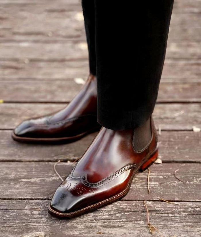 Black Classic Italian Brogue Chelsea Boots | Hides&Cult